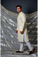 Off white with yellow thread and gotta textured kurta - Kunal Anil Tanna