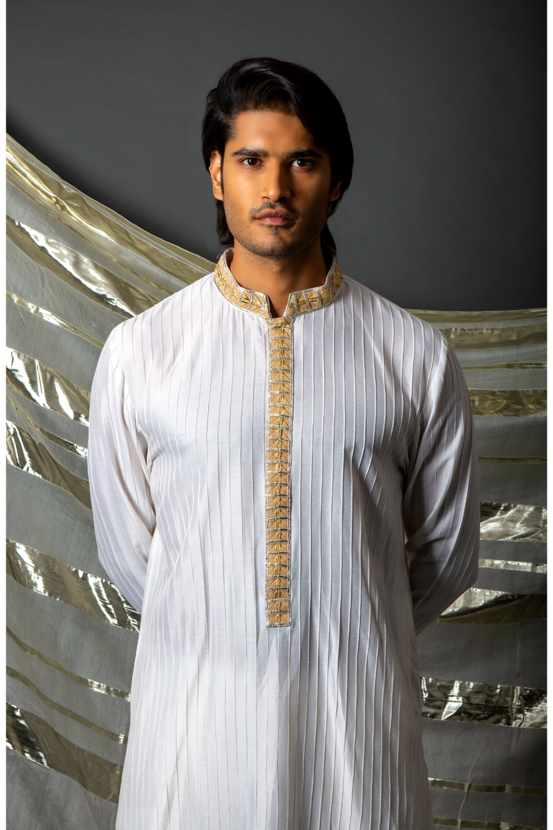 Off white beige thread pintucks kurta with pleating detail set - Kunal Anil Tanna