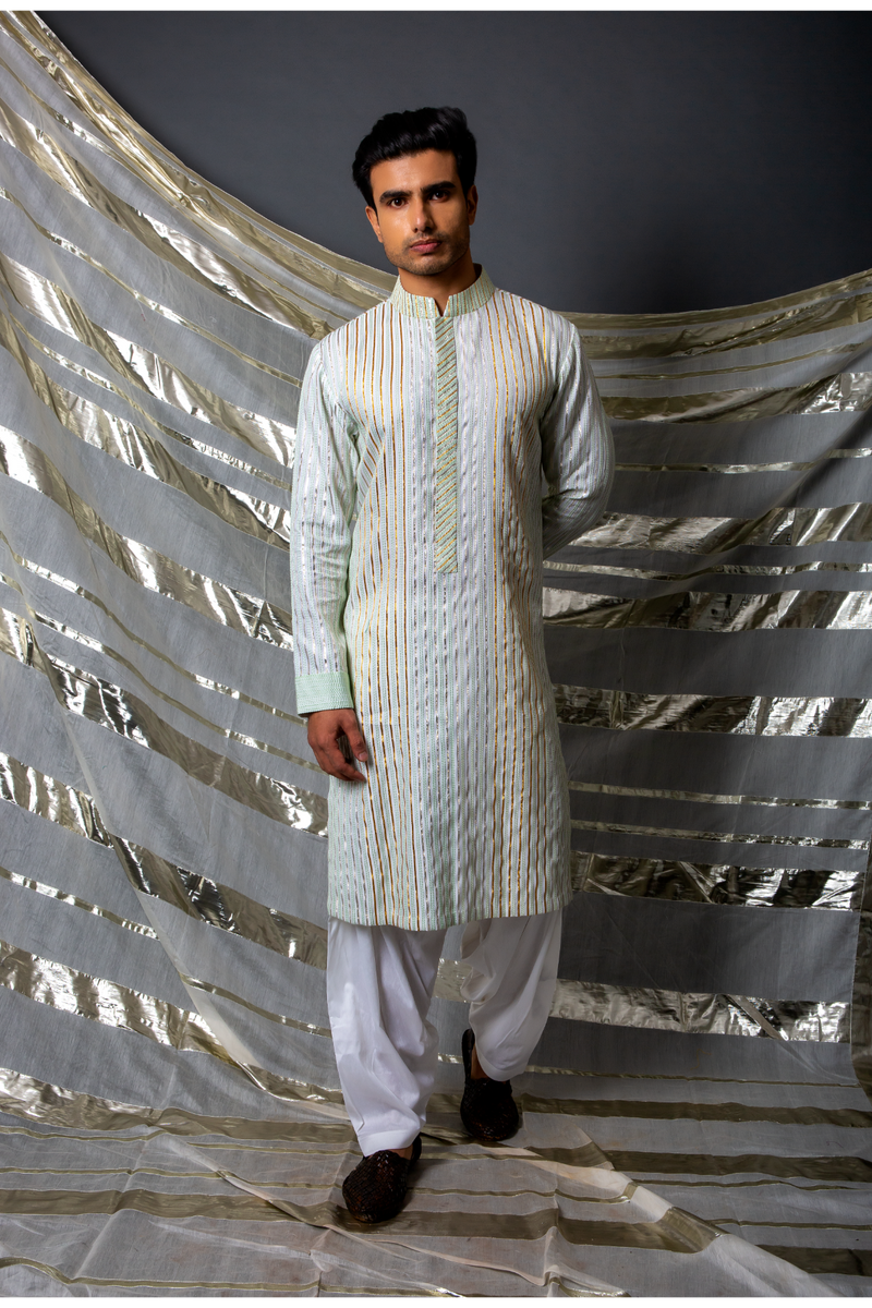 Off white green thread and gotta textured kurta set - Kunal Anil Tanna