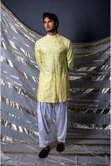 Yellow textured short kurta with off white pants - Kunal Anil Tanna