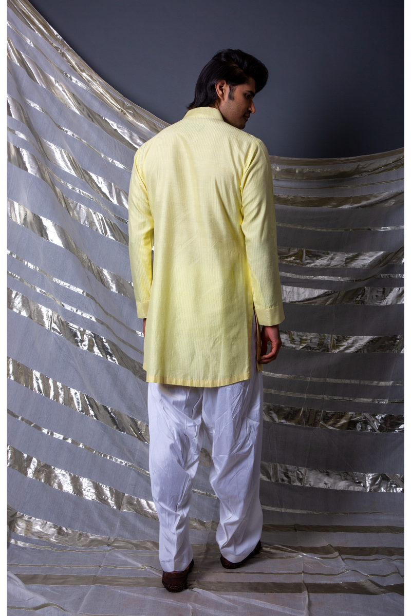 Yellow textured short kurta with off white pants - Kunal Anil Tanna