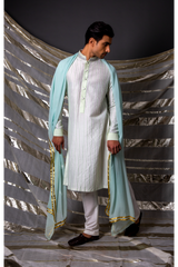 Off white green thread textured kurta set - Kunal Anil Tanna