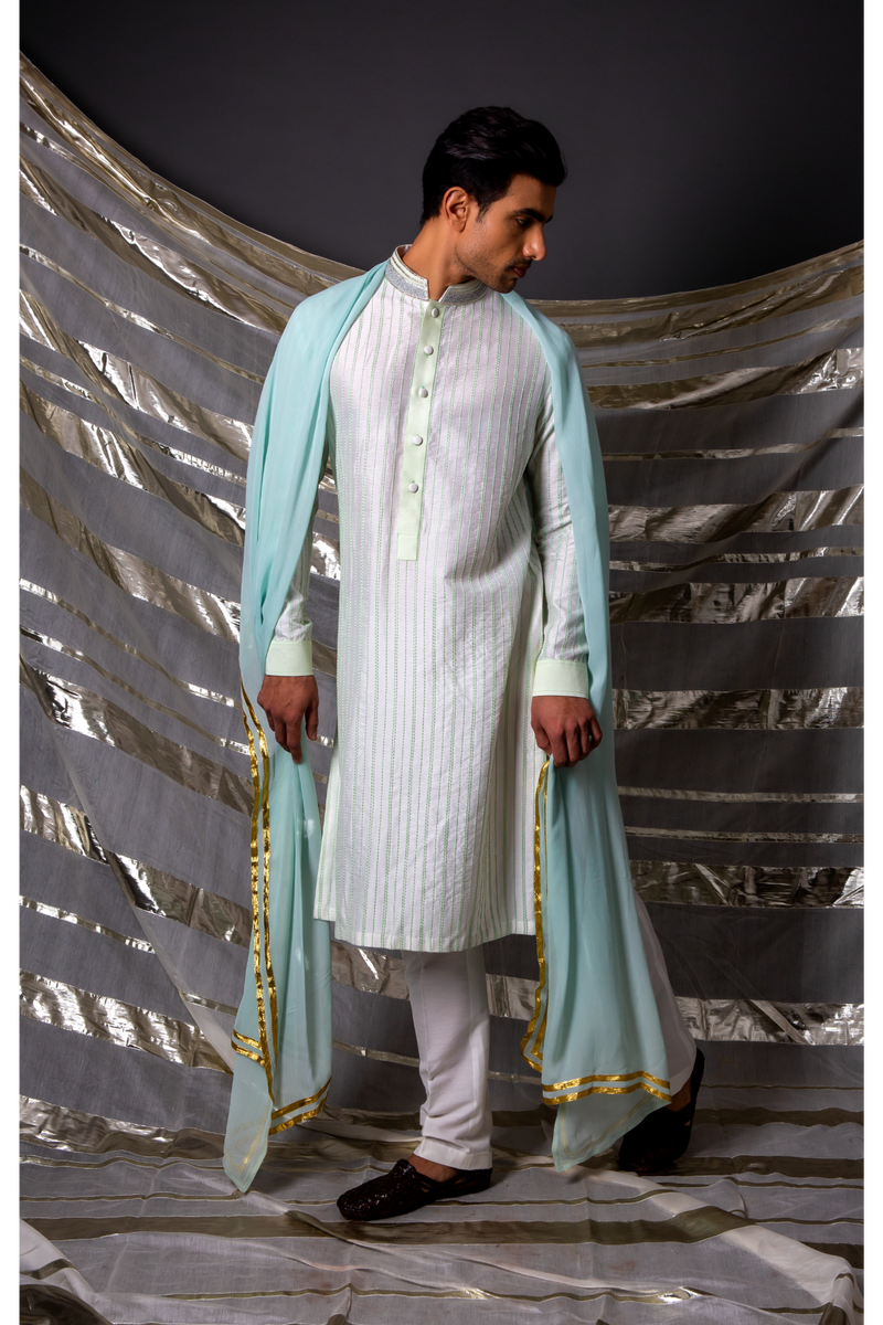 Off white green thread textured kurta set - Kunal Anil Tanna