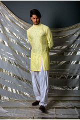 Yellow textured short kurta with off white pants - Kunal Anil Tanna