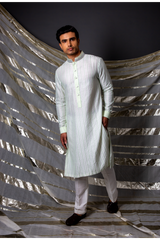 Off white green thread textured kurta set - Kunal Anil Tanna