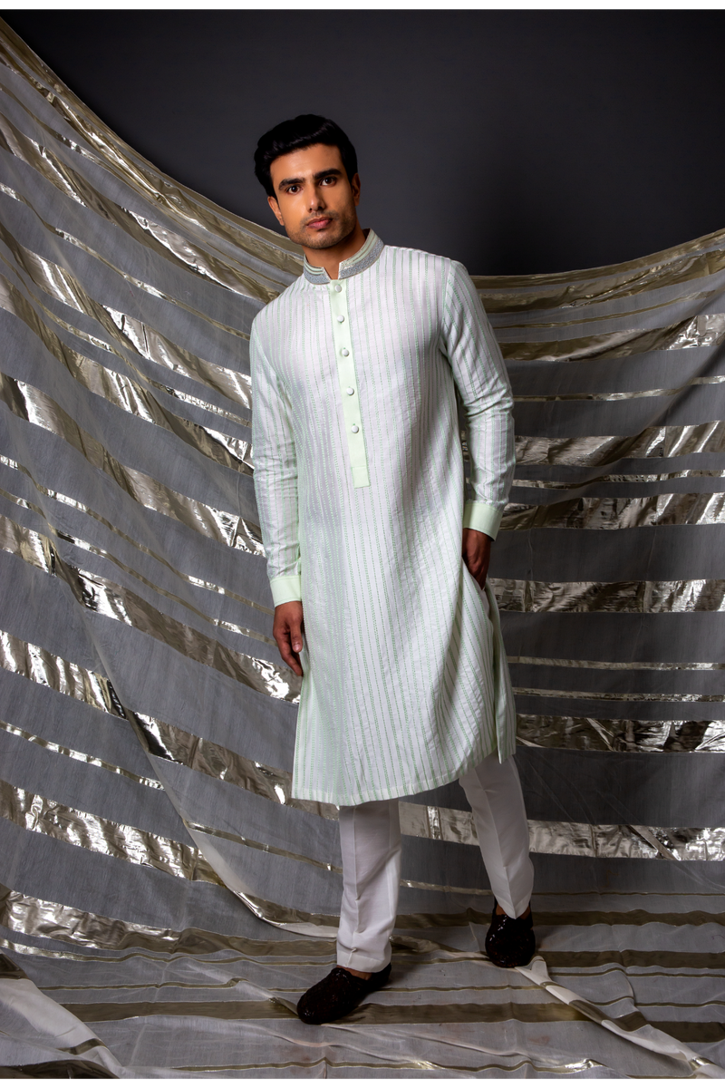 Off white green thread textured kurta set - Kunal Anil Tanna