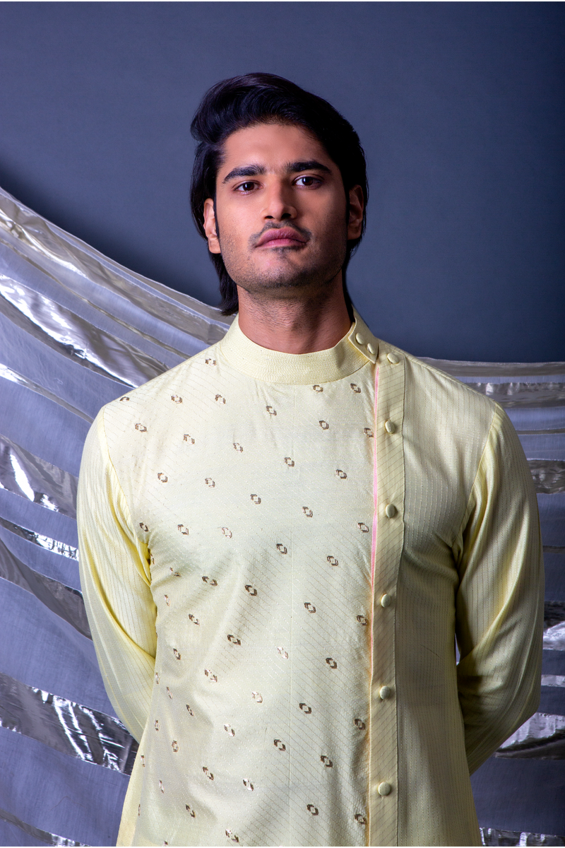 Yellow textured short kurta with off white pants - Kunal Anil Tanna