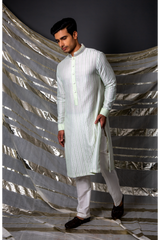 Off white green thread textured kurta set - Kunal Anil Tanna