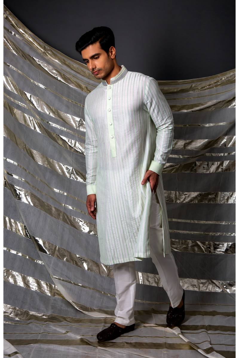 Off white green thread textured kurta set - Kunal Anil Tanna