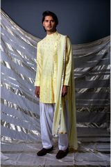 Yellow textured short kurta with off white pants - Kunal Anil Tanna
