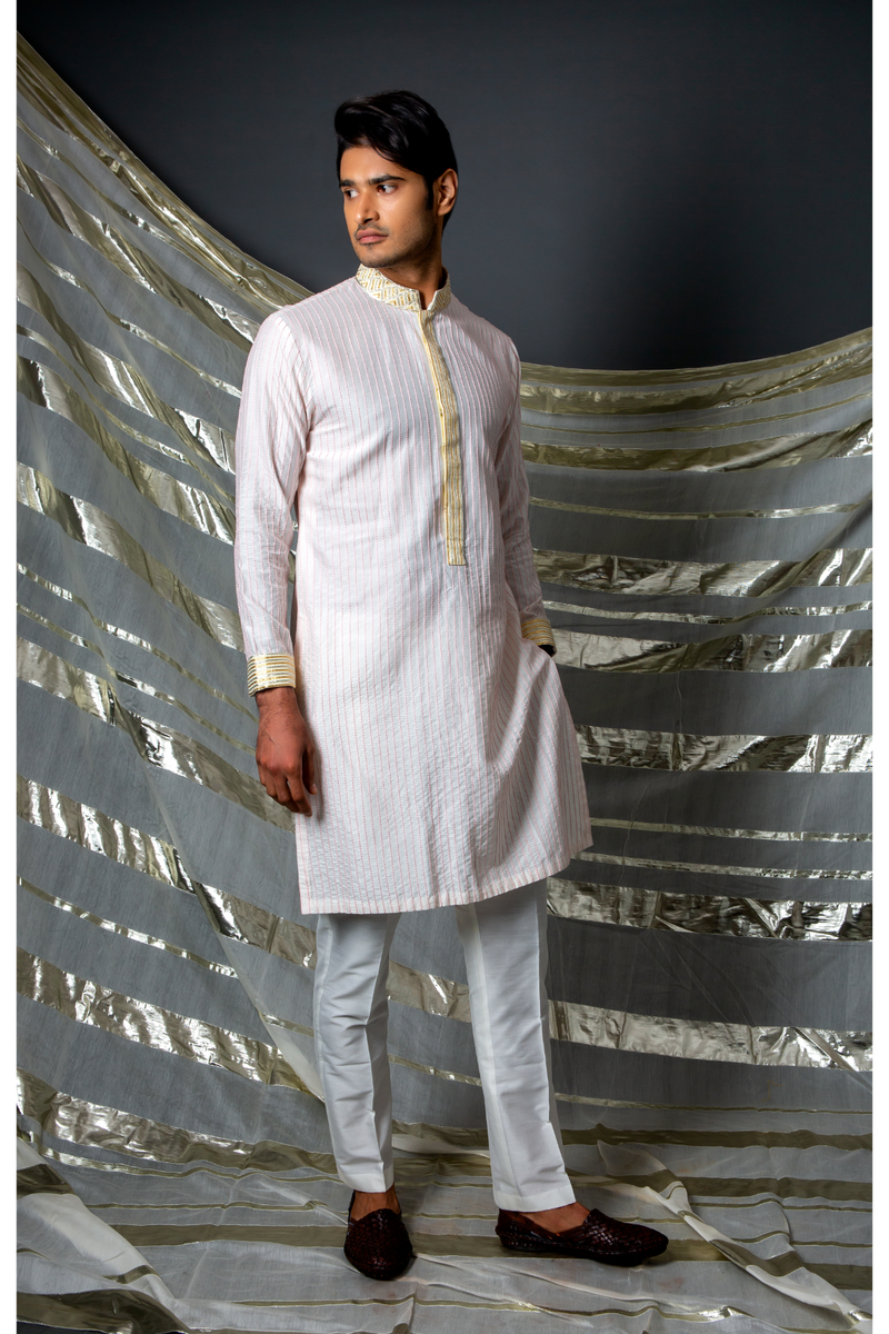 Off white pink thread textured kurta set - Kunal Anil Tanna
