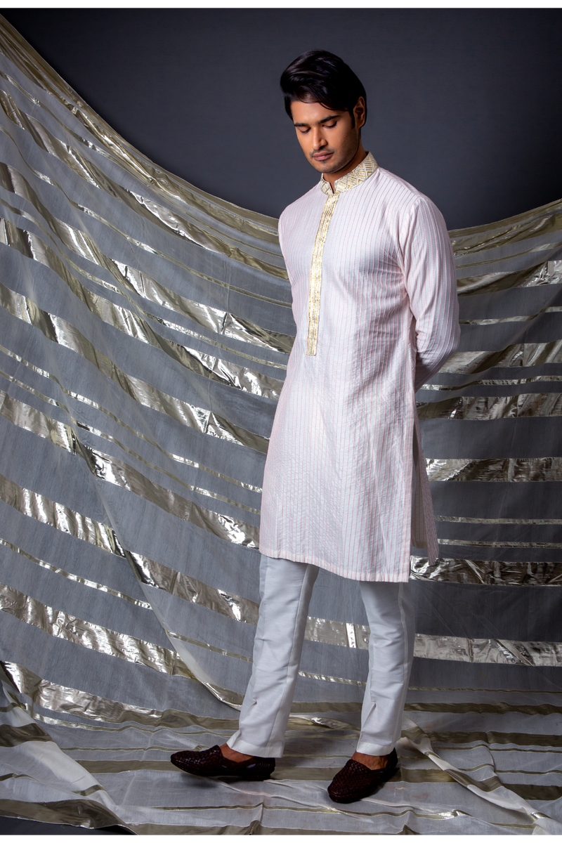 Off white pink thread textured kurta set - Kunal Anil Tanna