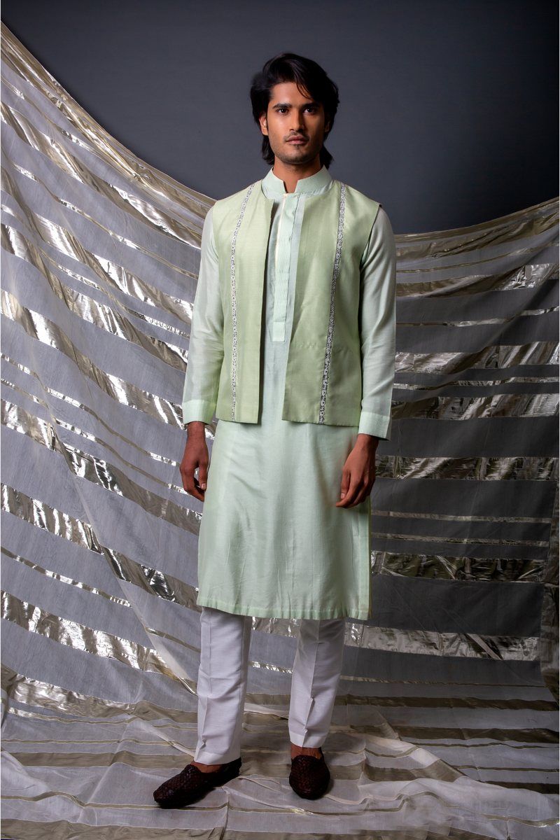 Green bandi jacket paired with long kurta and pyjama pants - Kunal Anil Tanna