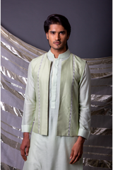 Green bandi jacket paired with long kurta and pyjama pants - Kunal Anil Tanna