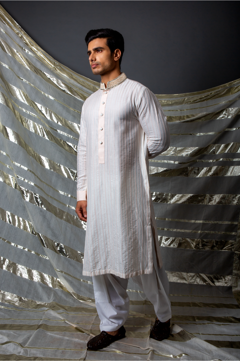 Off white pink thread textured kurta set - Kunal Anil Tanna