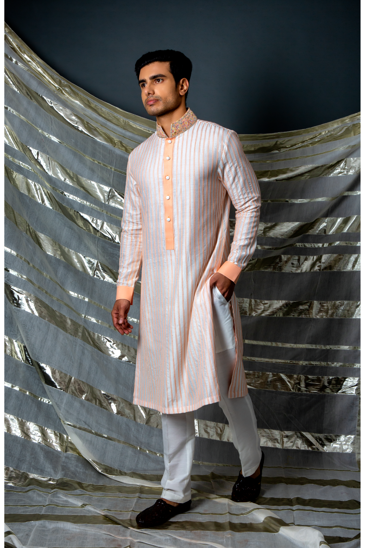 Off white peach thread textured kurta set - Kunal Anil Tanna