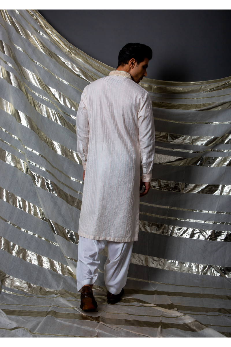 Off white pink thread textured kurta set - Kunal Anil Tanna