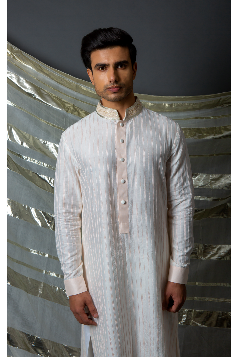 Off white pink thread textured kurta set - Kunal Anil Tanna