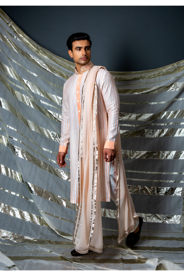 Off white peach thread textured kurta set - Kunal Anil Tanna