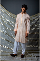 Off white with peach thread and gotta textured kurta set - Kunal Anil Tanna