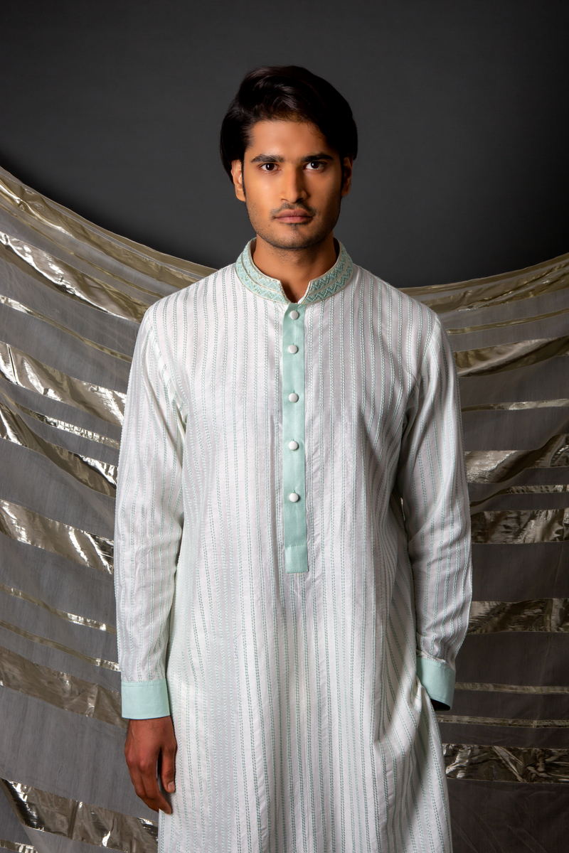 Off white blue textured kurta set - Kunal Anil Tanna