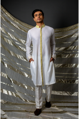Off white yellow thread pintucks kurta with pleating detail set - Kunal Anil Tanna