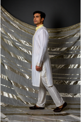 Off white yellow thread pintucks kurta with pleating detail set - Kunal Anil Tanna