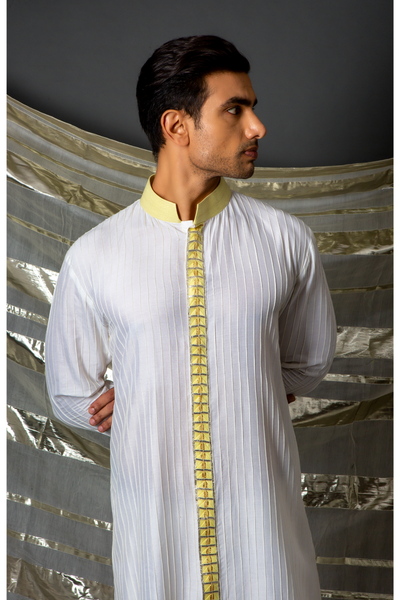 Off white yellow thread pintucks kurta with pleating detail set - Kunal Anil Tanna