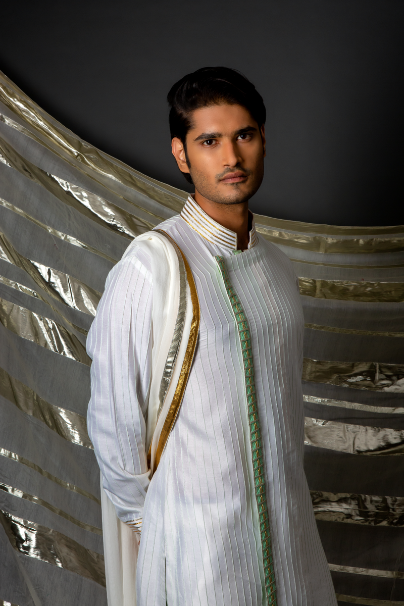 Off white green thread pintucks kurta with pleating detail set - Kunal Anil Tanna