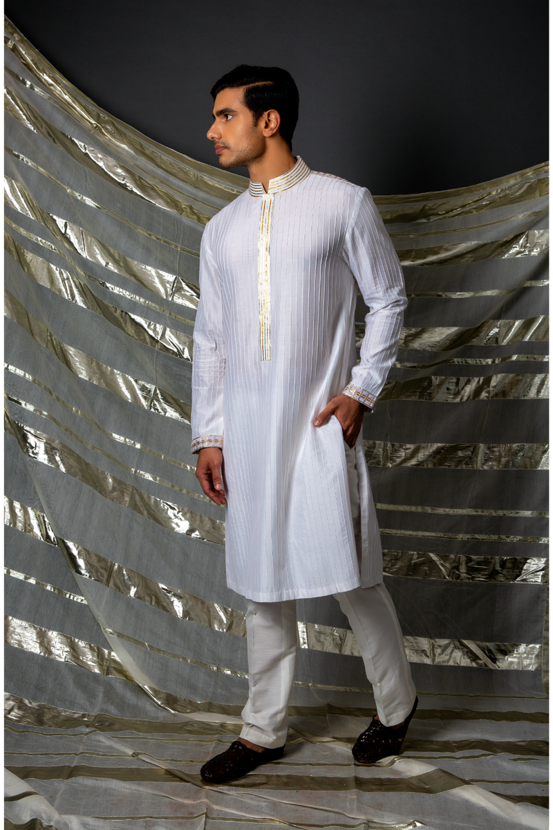 Off white lilac thread pintucks kurta with pleating detail set - Kunal Anil Tanna