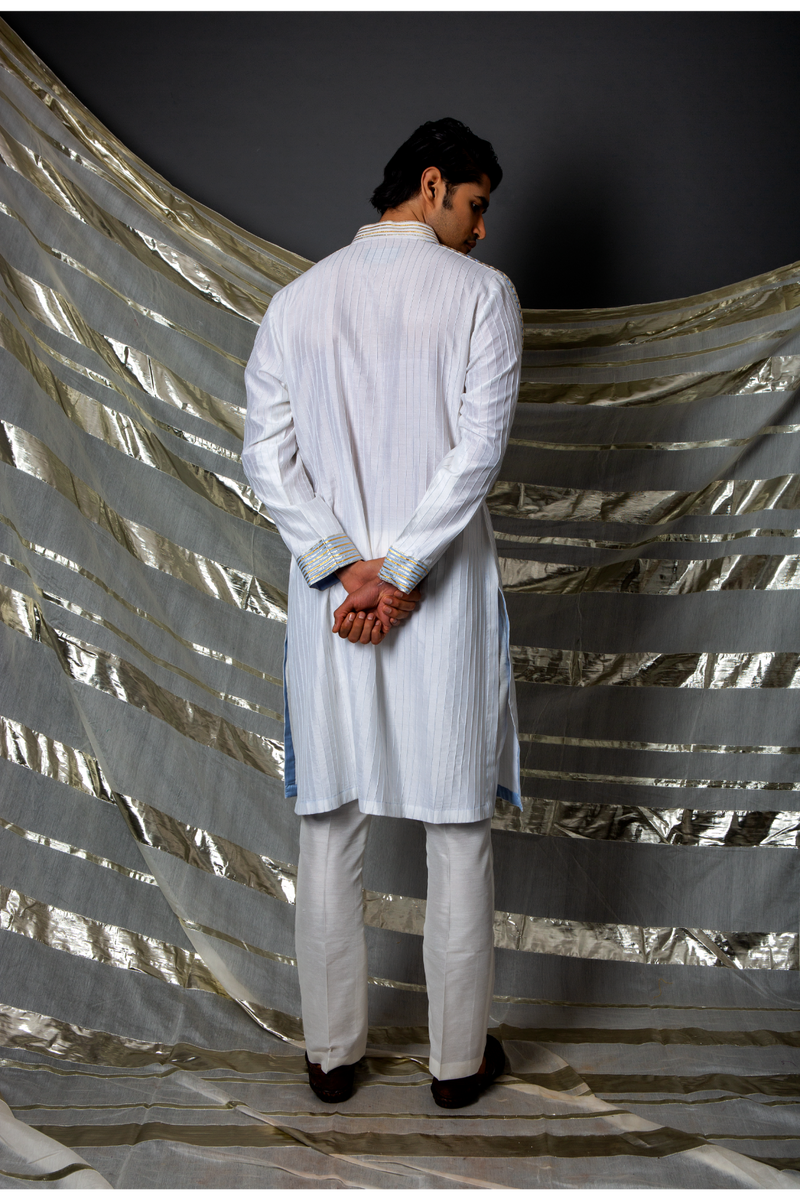 Off white blue thread pintucks kurta with pleating detail set - Kunal Anil Tanna