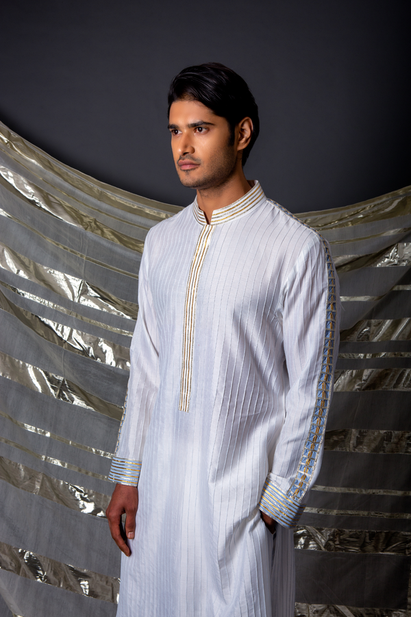 Off white blue thread pintucks kurta with pleating detail set - Kunal Anil Tanna