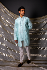 Blue textured short kurta with off white pants - Kunal Anil Tanna