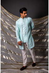 Blue textured short kurta with off white pants - Kunal Anil Tanna