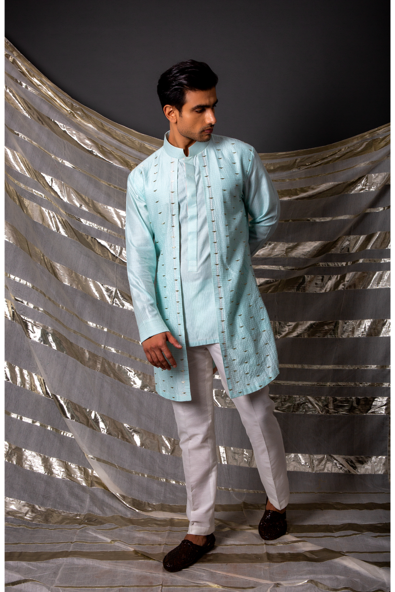 Blue textured short kurta with off white pants - Kunal Anil Tanna