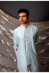 Blue textured short kurta with off white pants - Kunal Anil Tanna