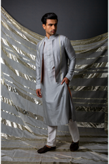 Grey bandi jacket paired with long kurta and pyjama pants - Kunal Anil Tanna