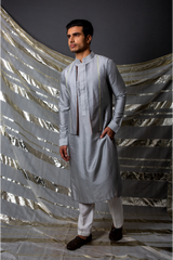 Grey bandi jacket paired with long kurta and pyjama pants - Kunal Anil Tanna