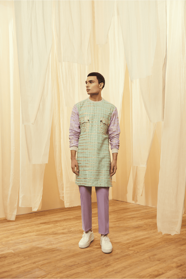 Green and Lilac Long Poloneck Tunic with Lilac Trousers - Kunal Anil Tanna