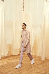 Oyster Beige Mock Layered Tunic with Lilac Trousers - Kunal Anil Tanna