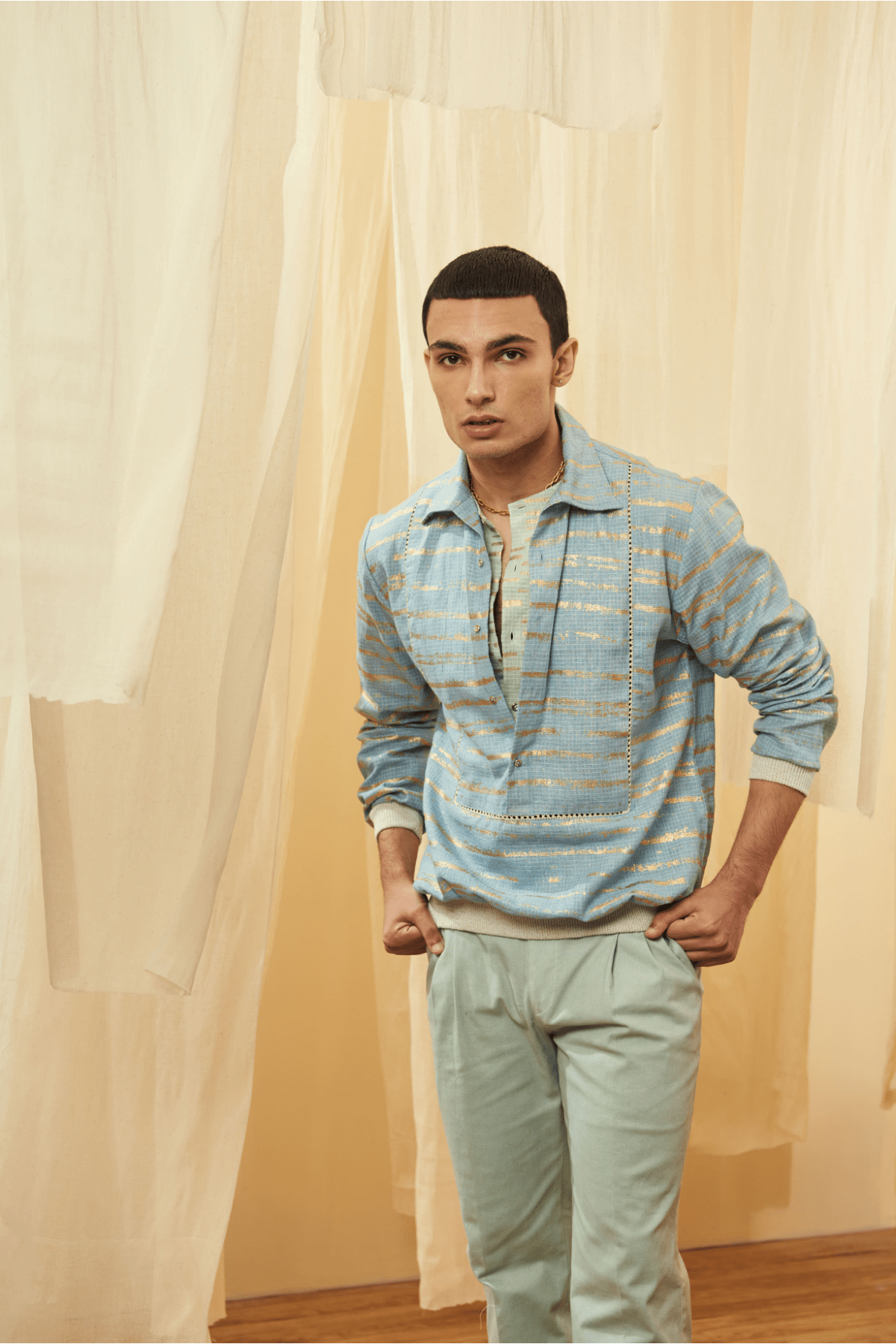 Blue Mock Layered Tunic and Green Trousers - Kunal Anil Tanna