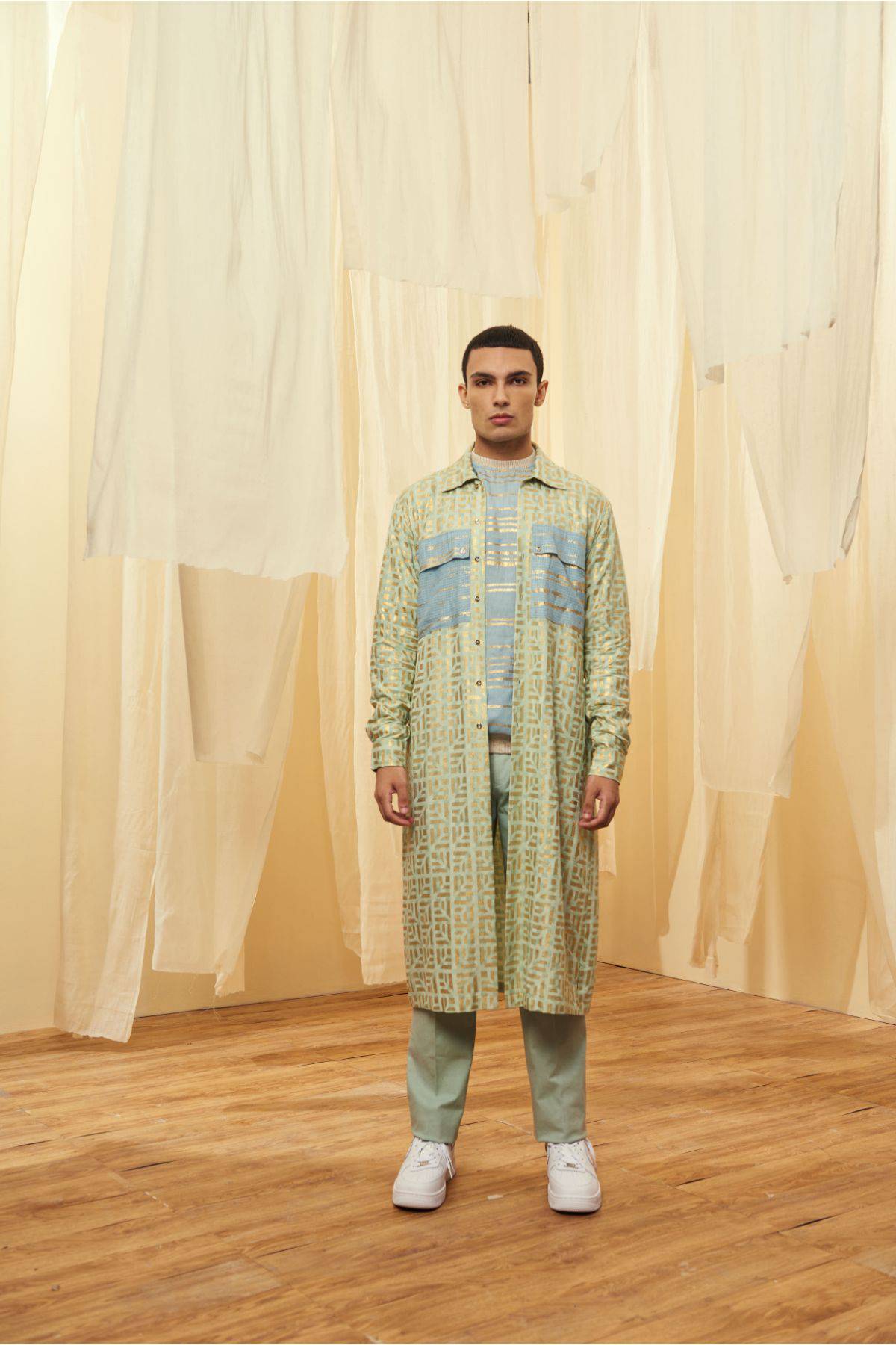 Green Long Shacket, Blue Polo neck and Green Trousers - Kunal Anil Tanna