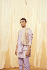 Oyster Beige Waistcoat, Lilac Mock Layered Poloneck Tunic with Lilac Trousers - Kunal Anil Tanna