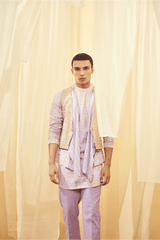 Oyster Beige Waistcoat, Lilac Mock Layered Poloneck Tunic with Lilac Trousers - Kunal Anil Tanna