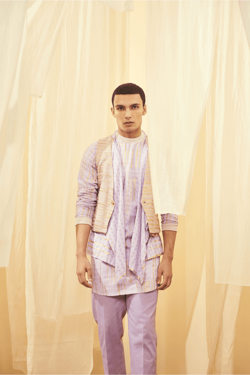 Oyster Beige Waistcoat, Lilac Mock Layered Poloneck Tunic with Lilac Trousers - Kunal Anil Tanna