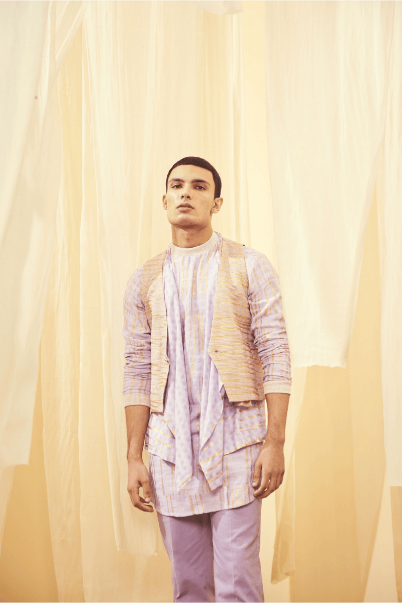 Oyster Beige Waistcoat, Lilac Mock Layered Poloneck Tunic with Lilac Trousers - Kunal Anil Tanna