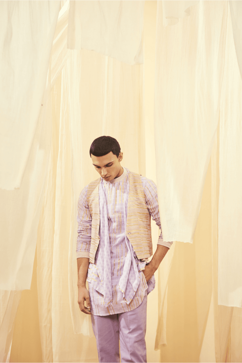 Oyster Beige Waistcoat, Lilac Mock Layered Poloneck Tunic with Lilac Trousers - Kunal Anil Tanna