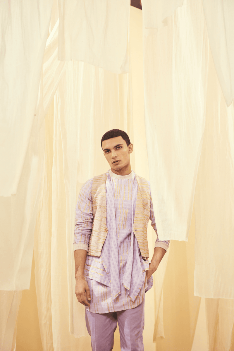 Oyster Beige Waistcoat, Lilac Mock Layered Poloneck Tunic with Lilac Trousers - Kunal Anil Tanna