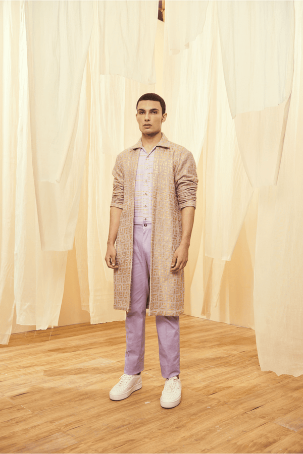 Oyster Beige and Lilac Mock Layered Tunic with Lilac Trousers - Kunal Anil Tanna