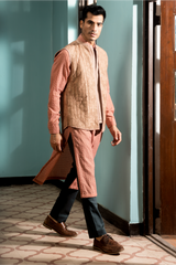 Salmon textured bandi jacket with salmon long kurta and grey trousers - Kunal Anil Tanna